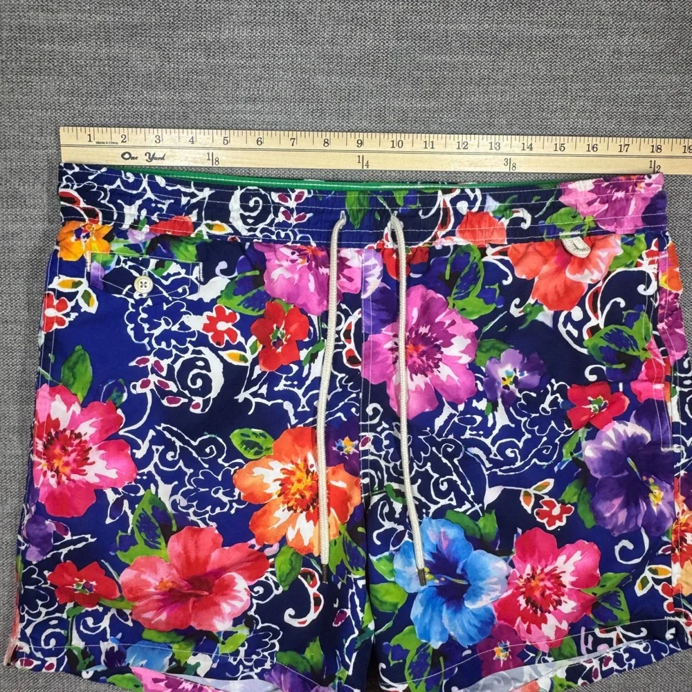 Polo Ralph Lauren Mens Floral Swim Trunks Blue Tropical Hibiscus Shorts Size M